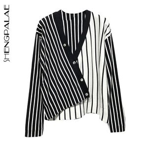 Shengpalae Spring Women Stripe Pullover Button Koszulka Koszula Casual Samiw V-Neck Long Rleeve Loose Thin Sweater HD483 201233