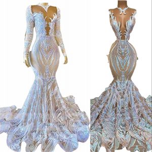 2022 Sexig Dusty Blue Off Shoulder Mermaid Prom Klänningar Plus Storlek Arabisk Kristall Sequined Beaded Aftonklänningar Långärmad Formell Party Muslim Dress