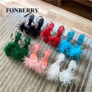 FONBERRY 41 Size Ostrich Feather High Heels Sandals Women Summer Designer Ladies Party Stripper Flip Flops Shoes 220602