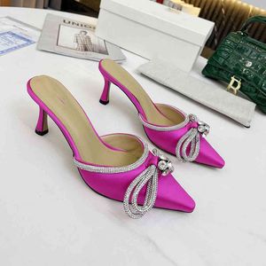 럭셔리 라인 석 결혼식 슬리퍼 6.5cm Stiletto Heels Bowties 실크 파티 슬라이드 드레스 신발 디자이너 샌들