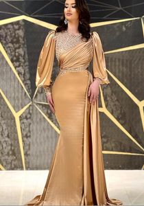 Champagne Gold Mermaid Long Sleeve Evening Formal Dresses 2022 Beaded Silk Stain Arabic Aso Ebi Trumept Occasion Prom Dress