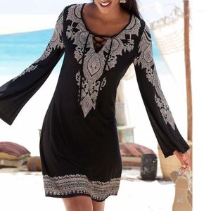 Summer Dress Women Halter Neck Print Långärmad avslappnad mini Boho Beach Sexig Vestidos Plus Size#J30 klänningar