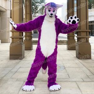 Performance Purple Husky Fox Dog Mascot Trajes de Halloween Caracteres de desenhos animados de Natal Terno de publicidade Carnaval unissex adultos roupas