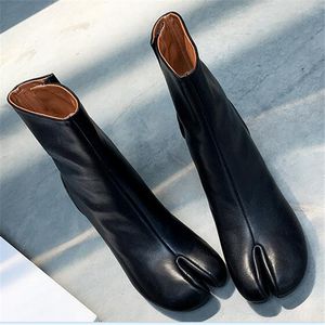 High Quality Women Split Toe Ninja Tabi Boots Woman Ankle Leather Boot Round Head Heels Shoes Lady 5.5cm Heel Boots