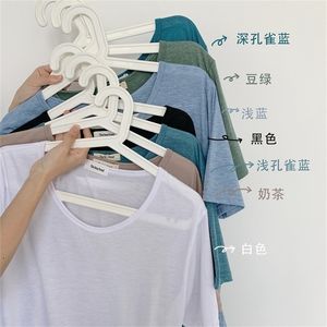 Su Anjia 8 컬러 그라디언트는 매우 아름다운 여름 조커 느슨한 단색 변색 둥근 목 짧은 슬리브 티셔츠 여자 210311