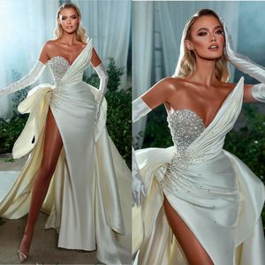 Sexy Mermaid Wedding Dress With Sleeve One Shoulder Satin Beads Bodice Split Formal Occasion Custom Made Tulle Floor-length