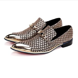 Fashion Pointed Metal Toe Dress Shoes Black / Gold Party Bröllop Äkta Läder Skor För Män EUR37-46