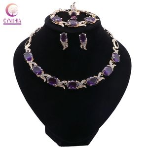 Gold Color Jewelry Set Necklace Bracelet Earrings Ring For Women Oval Purple Zircon Jewellry Sets Bridal Jewelry