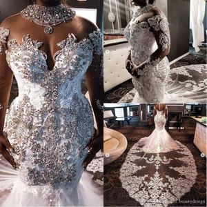 Sparkly Crystal Mermaid Bröllopsklänningar 2022 High Neck Långärmad Plus Size Lace Floral Cathedral Tåg Afrikansk Beach Garden Bridal Gown Vestioder