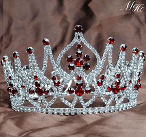 Klipy do włosów Barrettes Wspaniałe pełne okrągłe korony czerwone dżerestony Crstyal Headpiece ślub ślubny Miss Beauty Pageant Partyhair