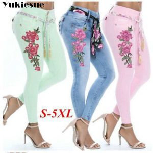 Jeans kvinnliga denim byxor broderi rosa gröna kvinnor donna stretch bottnar feminino mager för kvinnliga byxor 210608
