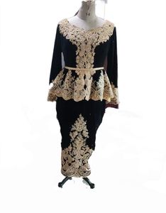 Vintage svart karakou algerien aftonklänning midi med guld spets lång ärm dubai abaya prom klänningar kort kaftan party mantel de mariage special tillfälle formellt