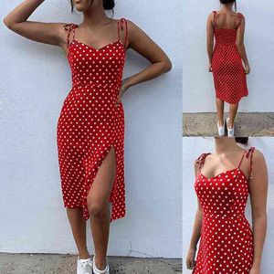 Mulheres Sexy Small Spaghetti Strap Lace Up Polka Dot Split Hem Backless Summerwear Dress Meninas Vestido de tamanho pequeno para mulheres L220705