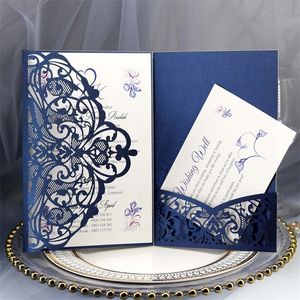 50pcs azul branco a laser de convite de corte com RSVP Personalizar cartões de felicitações Decoração de casamento FESTIPES 220711