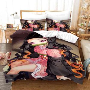 Nezuko Kamado Bedding Set Anime Demon Slayer Duvet Cover Conterter Bed Linne Singel Twin Full Queen Storlek D Kids Girl Boys Present H220412