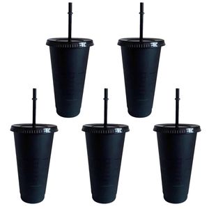 5Pcs Black Coffee Cup With Reusable Plastic Water Bottle Cold Lid And Straw Summer Collection Mug 710ml 220509