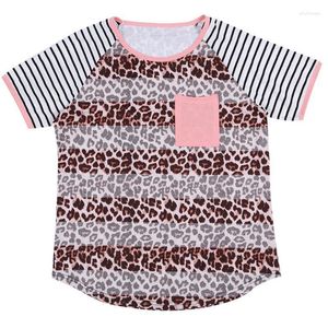 Koszulka damska Summer Leopard Print Pocket Stripted krótki rękaw dla kobiet swobodne luźne oddychające ropa de Mujer O-Neck TOP PHYL22