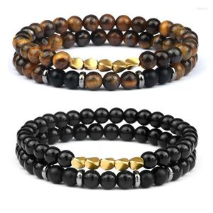 Fios com miçangas 2 pçs/conjunto Natural Tiger Eye Stone Pulseira Charm Black Lava Copper Beads Strand Pulseiras Bangles Mulheres Homens Budista Pulso Judeu