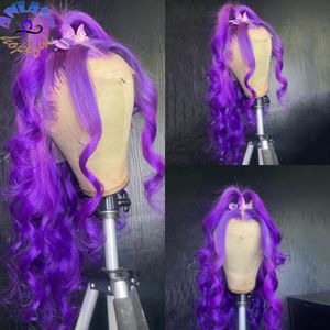 Peruca transparente roxa peruana corpo onda renda frontal peruca para mulheres negras cabelo sintético pré-depilado cosplay