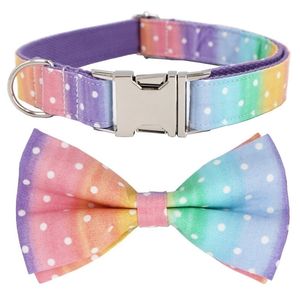 Rainbow Polka Dot Dog Collar and Leash Set med fluga för Big Small Cotton Tyg Metal Buckle Y200515