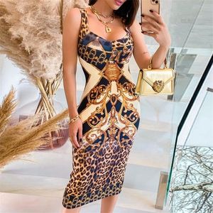 S-XL Summer Woman Sexig mode ärmlös cheetah halsduk tryck färgblock midi klänning gul leopard tank tät fest klubb 220330