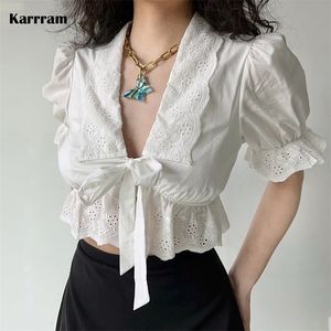 Karrram Lace Patchwork Blouse Puff Sleeve Shirt vneck bandage Embroidery Crop Top White Short Sleeve Shirts Korean Style 220613