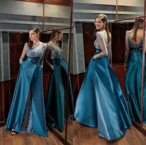 Vestidos de noite de sereia vintage azul Long Luxury 2022 Celebrity Prom Dress Sheer Neck LEECHAS VESTIME