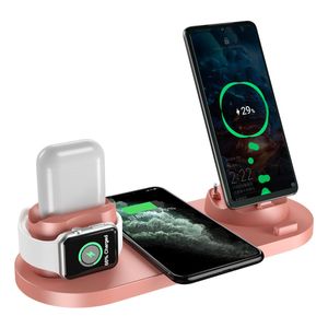 6 I 1 Tr￥dl￶sa laddare 10W Snabbladdning f￶r Watch Earphones iOS Android-smartphone USB Type-C-laddare Mobiltelefon Wired Socket Interface Charging Dock Station