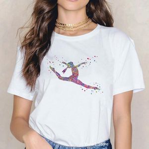 女性のTシャツ2022Tシャツの女性のための水彩の体操アートプリントコットンティーシャツフェムム夏のファッションシットTジムラストギフト