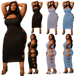 Mulheres Moda Básico Color Sólido Buraco Vestidos Longos Plus Size Women Clothing S-XXXXL