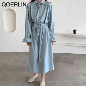 Qoerlin chic koreansk söt mint lapel laceup blossade ärm klänning mode sida split Sashes klänning maxi lösa blå skjortor klänning 210412