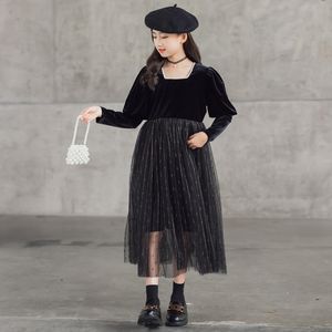 Flickans klänningar Teen Girls Mesh Patchwork Dress 2022 Autumn Children Retro Clothing Baby Barn Elegant Princess #6622Girl's