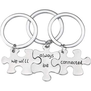 Keychains "We Will Always Be Connected" Set Of 3 Keyrings Made Interlocking Puzzle Pieces Silver Metal