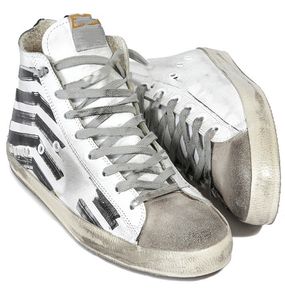 Sapatos casuais top versão designer italiano artesanal retro FRANCY SILKSCREENED LEATHER SNEAKERS bandeira de couro branco neiman marcus marca de luxo