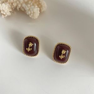 Stud Retro Red Square Resin With Golden Rose Earrings For Women Delicate Romantic Foral Fashion Jewelry Stud