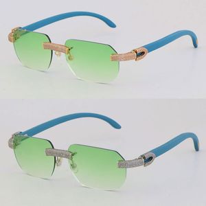 New Luxury Designer Diamond Set Rimless Wooden Mix Metal Sunglasses Blue Wood Square Sun Glasses Outdoor Design Classical Model Glasses 18K Gold Frame Size:57-18-140