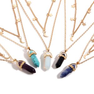 Natural Stones Moon Star Necklace Fashion Double Layer Gold Link Chains Women Crystals Quartz Bullet Hexagonal Prism Point Healing Pendant