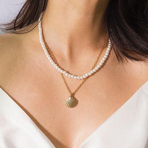 Pendanthalsband Fashion Temperament Imitation Pearl Scallop Shell Necklace For Women Double Layer Geometric Clavicle Jewelrypendant