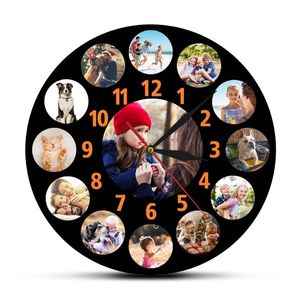 Famille personnalisée Po Collage 13 photos Instagram avec numéro orange fond noir grande horloge murale cadeau personnalisé 220615