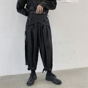 Men Japan Streetwear Punk Gothic Bandage Casual Harem Pant Male Vintage Hip Hop Wide Leg Trousers Stage Clothing Kimono Pant 201126