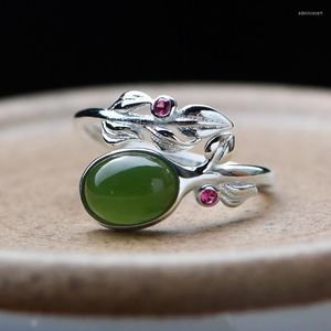 Anel de folhas de anéis de cluster 925 Silver ajustável S925 Solid para mulheres jóias naturais hetian jade jaspercluster edwi22