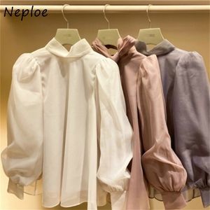 Neploe Sweet Stand Collar Puff Sleeve Chiffon 셔츠 가을 일본 일본 스타일 새로운 올 매치 여성 블라우스 세련된 활 드로 스트링 블루사 210412