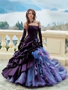 Vintage Purple Quinceanera Dresses Ruched Ruffles Colorful Organza Skirt Flowers Beaded A Line Puffy Prom Party Gowns Strapless Long Train Lace-UP Sweet 15 16 Dress