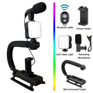 Evrensel Fotoğraf Video El Vlog Stand Stand Stabilizatör Kiti LED Işık Mikrofon Uzaktan Deklanşör Telefon Kamera Video Kaydı