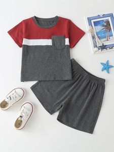 Wholesale toddler boys color shorts for sale - Group buy Toddler Boys Color Block Tee With Track Shorts SHE01