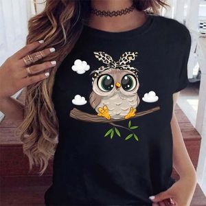 Maycaur Cartoon Owl Print T Shirt Women Kawaii Graphic Shirts Casual krótkie rękawowe czarne koszulki O-Neck Harajuku