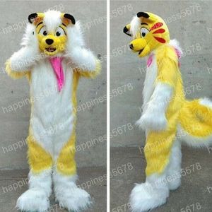 Simulação amarelo de pele longa husky fox cão mascote fantasia