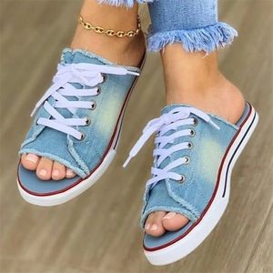 Mode Frauen Leinwand Sandalen Atmungsaktive Sommer Hausschuhe Schnüren Offene spitze Damen Faux Denim Flache Schuhe Zapatos Mujer 220630