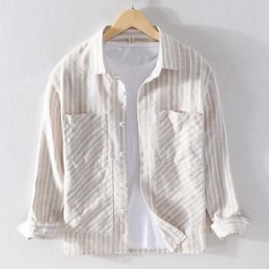 Camisas casuais masculinas camisa listrada de linhas de linho de algodão Japão estilo Japão Trendência