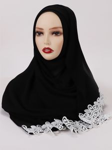 2022 Chiffong Kvinnor Muslim Hijab Head Scarf med vitblomma Leafs Lace Hijabs för halsdukar Veil Islam Sjal